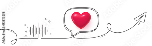 Sound wave line icon. Continuous line with share plane. Audio track sign. Radio music symbol. 3d heart in speech bubble. Sound wave single line ribbon. Loop curve pattern. Vector