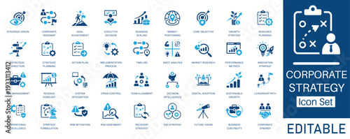 Corporate Strategy and Business Planning icon set. Includes symbols for SWOT Analysis, ESG Strategy, Roadmap, and Market Research. Solid glyph vector icons for leadership and startup projects.
