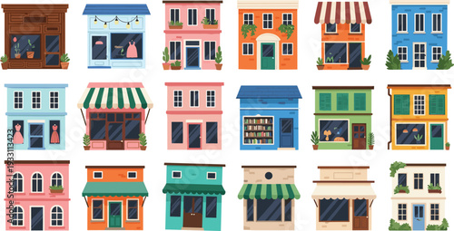 Flat vector illustration set of colorful small business storefronts, boutique shops, and cafes on a white background for urban city street map design