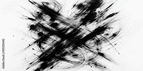 Black and white abstract grunge texture frame with ink brush splash pattern design on paper background
