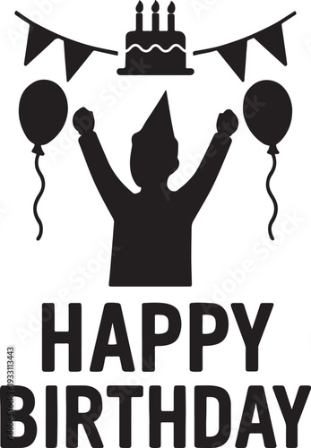 Birthday party celebration silhouette with balloons, cake and joyful people, happy event and fun gathering concept, clean minimal black vector illustration.