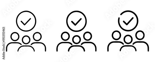 Customer satisfaction, trusted community, team verification outline icons. Line signs group of three people with checkmark badge. Vector isolated pictograms for web and app on white background editabl