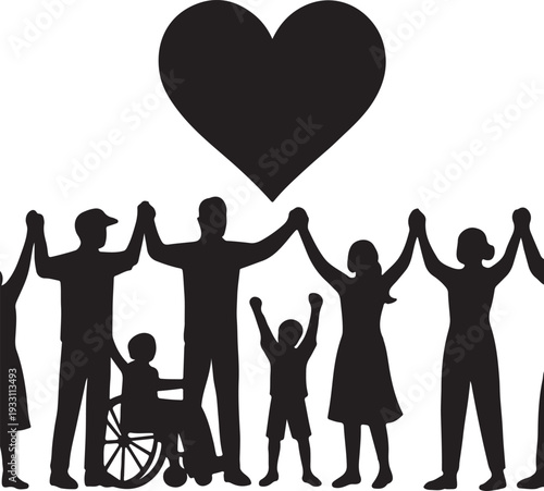 Community unity silhouette with diverse people holding hands, togetherness and harmony concept, social bonding and solidarity illustration, clean minimal black vector design.