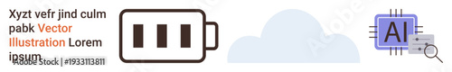 Energy efficiency, cloud storage, machine learning, AI innovation, digital analysis, renewable power. Battery symbol, cloud AI chip with magnifying glass. Energy efficiency and cloud storage
