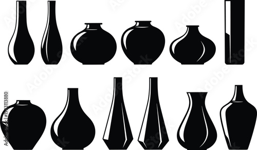 Black vase silhouette collection modern decorative ceramic container vector illustration set