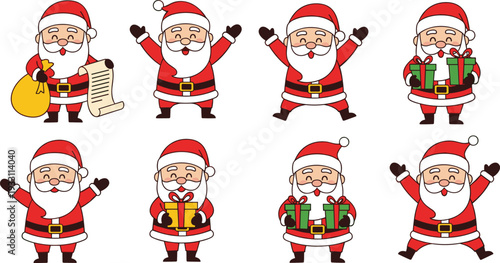 Festive cartoon Santa Claus illustrations in joyful Christmas poses with gifts, sacks, scrolls, and celebratory gestures, perfect for holiday decorations, greeting cards, and seasonal promotions.