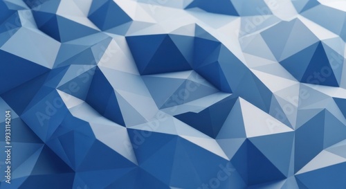 Abstract low-poly 3D render in shades of blue with various angles & shapes