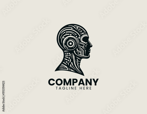 Futuristic humanoid android side profile black vector logo illustration