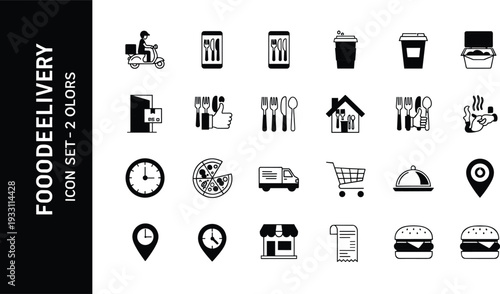 Food Delivery Icon Set Featuring Courier Scooter Takeaway Coffee Pizza Burger Location and Restaurant Service Symbols in Two Color Minimal Vector Illustration Collection