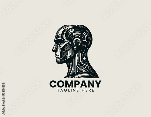 Futuristic humanoid android side profile black vector logo illustration