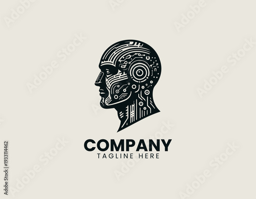 Futuristic humanoid android side profile black vector logo illustration