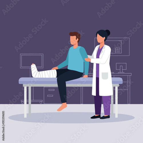 Doctor assisting patient with broken leg cast in clinic examination room
