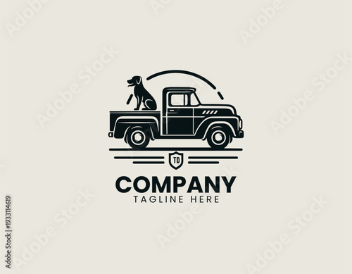 Vintage pickup truck with sitting dog in clean modern automotive vector illustration style