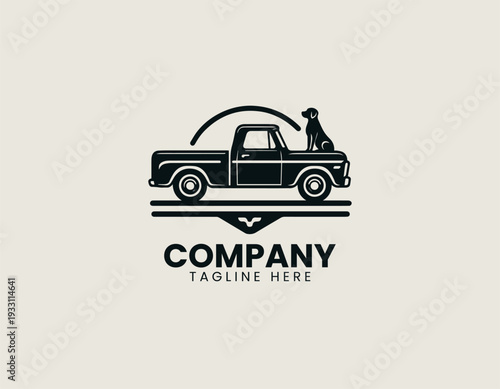 Vintage pickup truck with sitting dog in clean modern automotive vector illustration style
