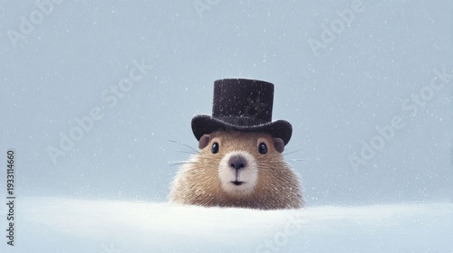 Groundhog Day Prediction: A charming groundhog, adorned in a classic top hat, emerges from its burrow amidst a snowy landscape, setting the stage for a unique day, a delightful seasonal symbol.