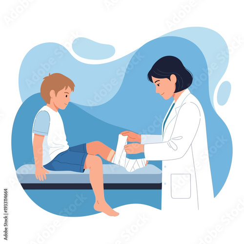 Doctor bandaging a young boy's injured leg on a medical examination table