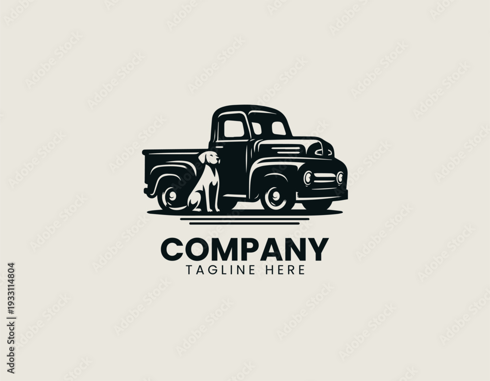 Obraz premium Vintage pickup truck with sitting dog in clean modern automotive vector illustration style