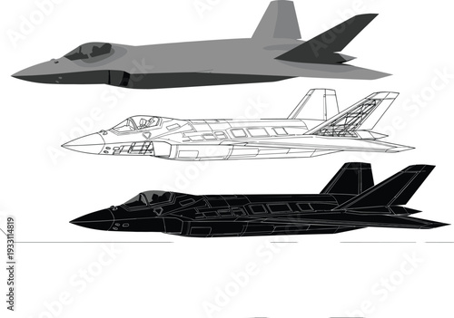 Military stealth fighter jet vector illustration set showing realistic, blueprint, and silhouette views of modern combat aircraft for aviation, defense, and technology design projects
