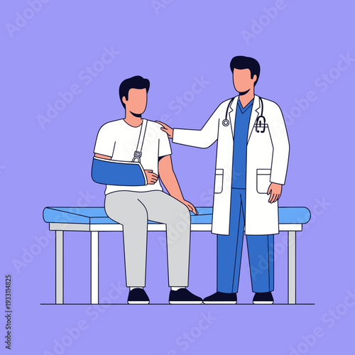 Doctor comforting patient with broken arm in sling at clinic