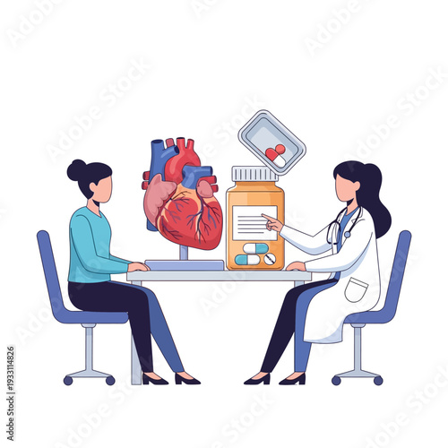 Doctor consulting patient about heart health and medication with heart model and pills