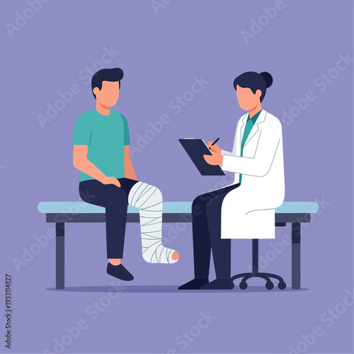 Doctor consulting patient with bandaged leg on examination table, medical check-up