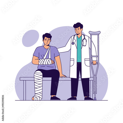 Doctor comforting injured patient with arm sling and leg cast, crutches nearby