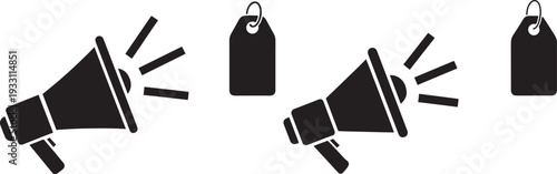 Megaphone and tag icons, announcement and sale promotion concept, marketing and advertising symbols, communication and notification vector graphics