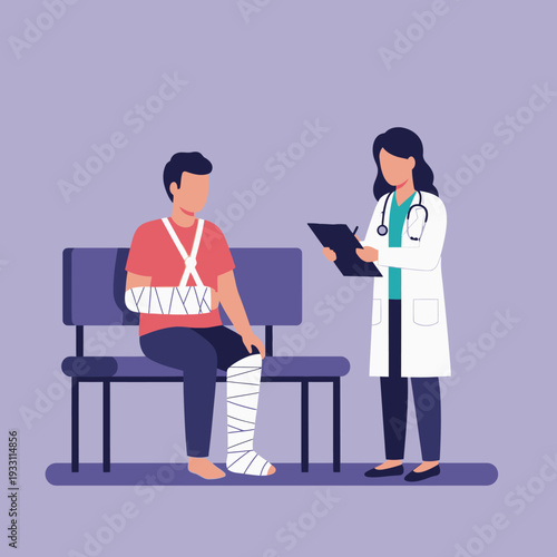 Doctor Consults Injured Patient with Arm and Leg Casts Sitting on Bench
