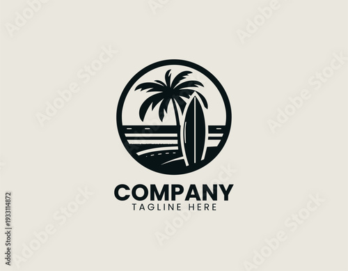 Tropical palm tree with surfboard in clean modern beach lifestyle vector illustration style