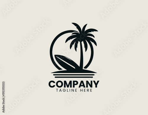 Tropical palm tree with surfboard in clean modern beach lifestyle vector illustration style
