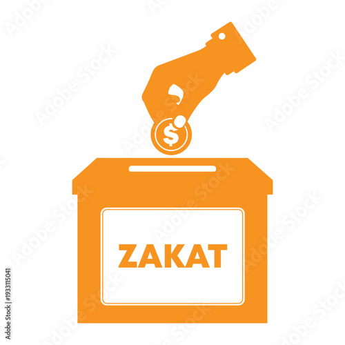 Orange Color Silhouette of Hand Putting Dollar Coin in Zakat Box for Islamic Charity Illustration