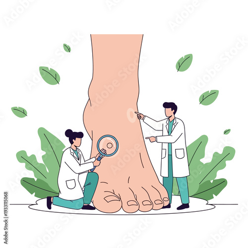 Dermatologists examine a large human foot, focusing on a skin lesion with magnifying glass