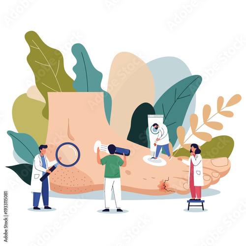 Dermatologists examining a large foot with skin issues, applying cream