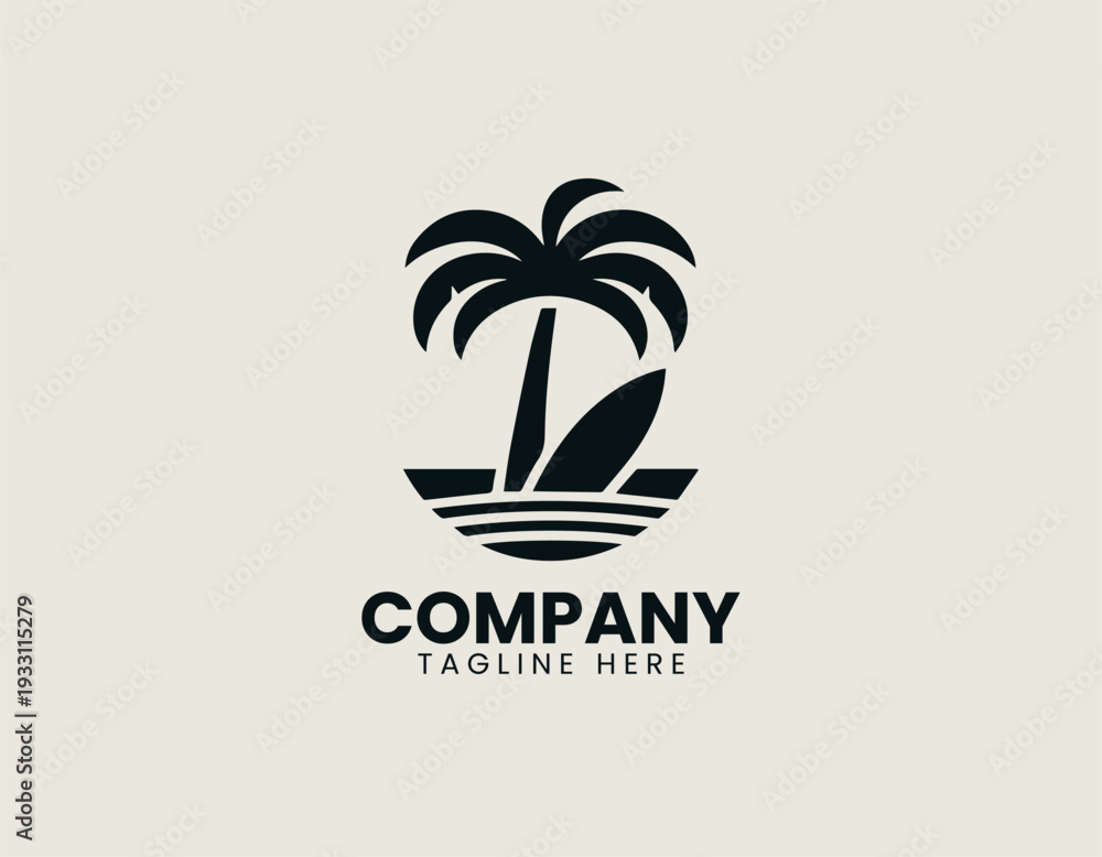 Fototapeta premium Tropical palm tree with surfboard in clean modern beach lifestyle vector illustration style