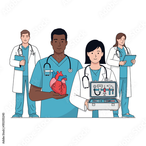 Diverse Medical Team with Heart and Surgical Kit: Doctors, Healthcare, Cardiology, Surgery