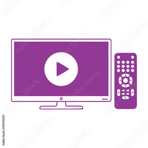 Modern flatscreen television displaying play symbol with purple screen and remote control for entertainment