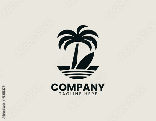 Tropical palm tree with surfboard in clean modern beach lifestyle vector illustration style