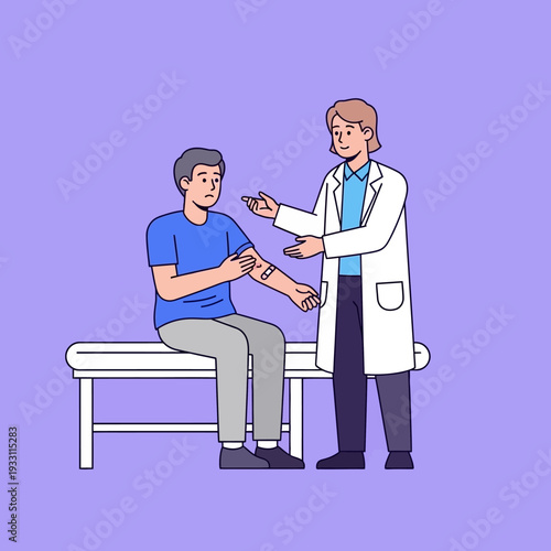 Doctor applying bandage to patient's arm after vaccination or medical procedure