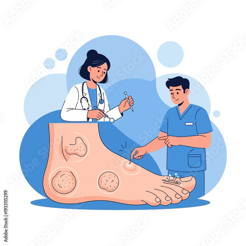 Doctor and nurse examining foot with skin lesions, medical treatment concept