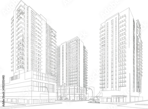 Modern city apartment building exterior outline vector illustration for real estate, architectural design and urban planning