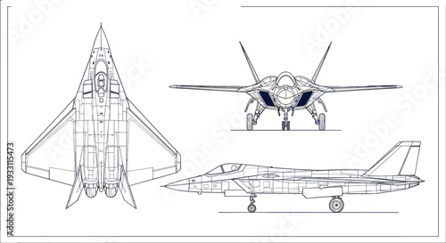 Modern military fighter jet blueprint vector illustration with top, front, and side technical views for aviation engineering, defense analysis, and aircraft design projects