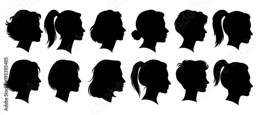 Women hair silhouettes collection female profile heads various styles vector