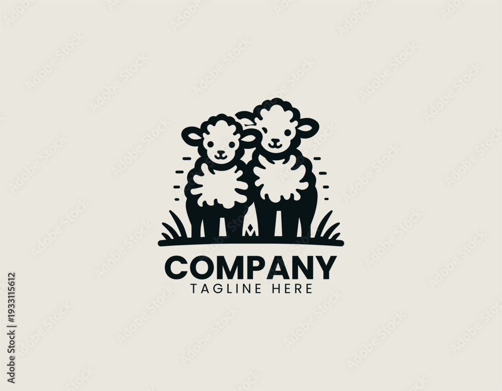 Fototapeta premium Two cute baby lambs standing together in clean modern farm mascot vector illustration