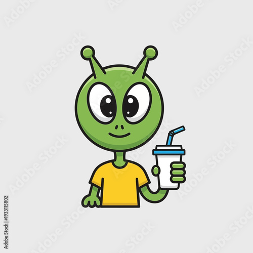 Cute green alien holding a refreshing drink with a straw, cartoon style