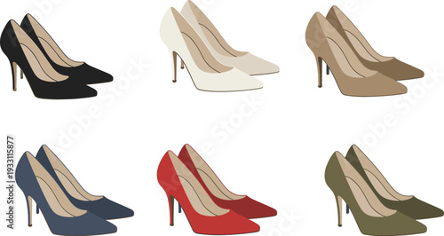 Fashion illustration of six pairs of high‑heeled stiletto shoes in black, white, brown, blue, red, and olive green, showcasing stylish footwear design options