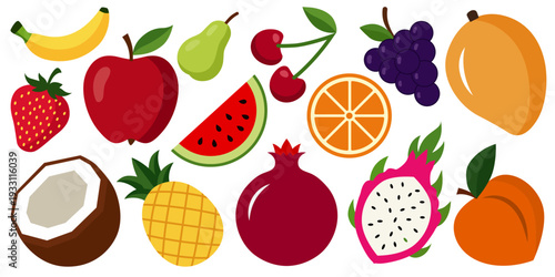 Bright fresh fruit icon pack, modern flat design, colorful food vector