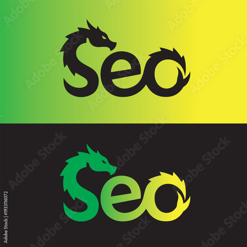 SEO Text Logo with Dragon Silhouette – Search Engine Optimization Mascot Vector Illustration