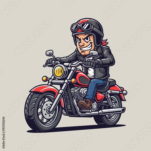 Cartoon Biker Man Riding Red Motorcycle with Leather Jacket and Helmet