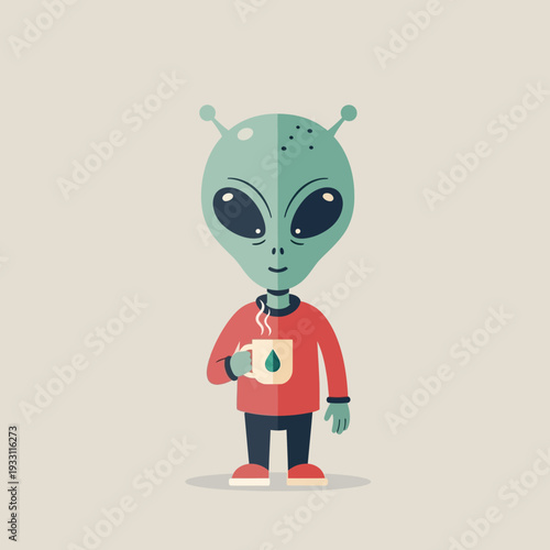 Cute alien with coffee cup, cartoon character, green extraterrestrial, space, science fiction, illustration