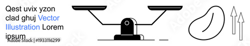 Decision-making, balance, comparison, measurement, equality, evaluation. A balance scale next to a bean shape and two upward arrows. Balance and comparison concepts are illustrated clearly